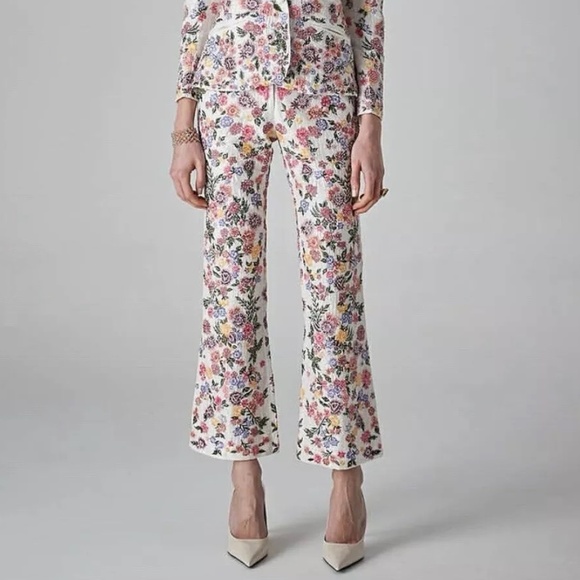 La Fuori Elenore Garden Floral Embroidered Beaded 100% Silk Pants